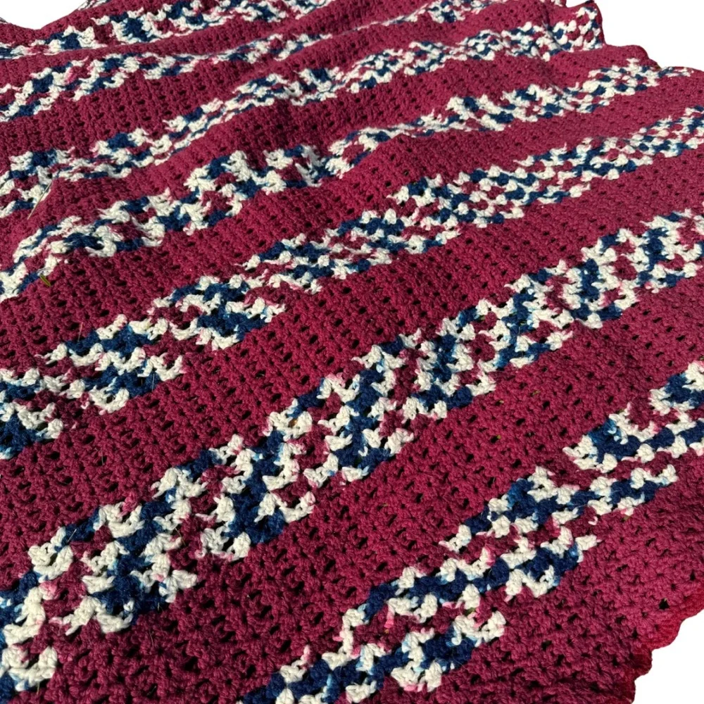 Vintage Handmade Crochet Afghan Blanket Red White Blue 56” Square Throw‎